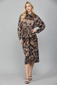 Print Satin Front Tie Midi Dress