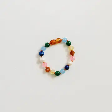 Raw Baltic Amber and Pearl Bracelet + Sweet Pink Gemstones 5"