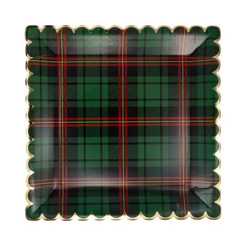 Green Christmas Plaid Square Scalloped Plate