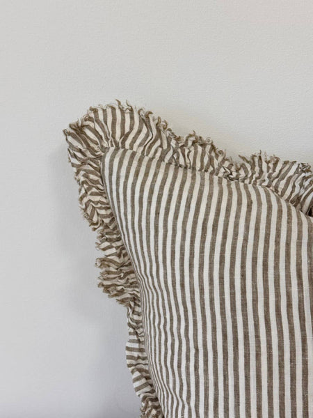 21" Hallie Ruffled Linen Cushion – Olive Stripe