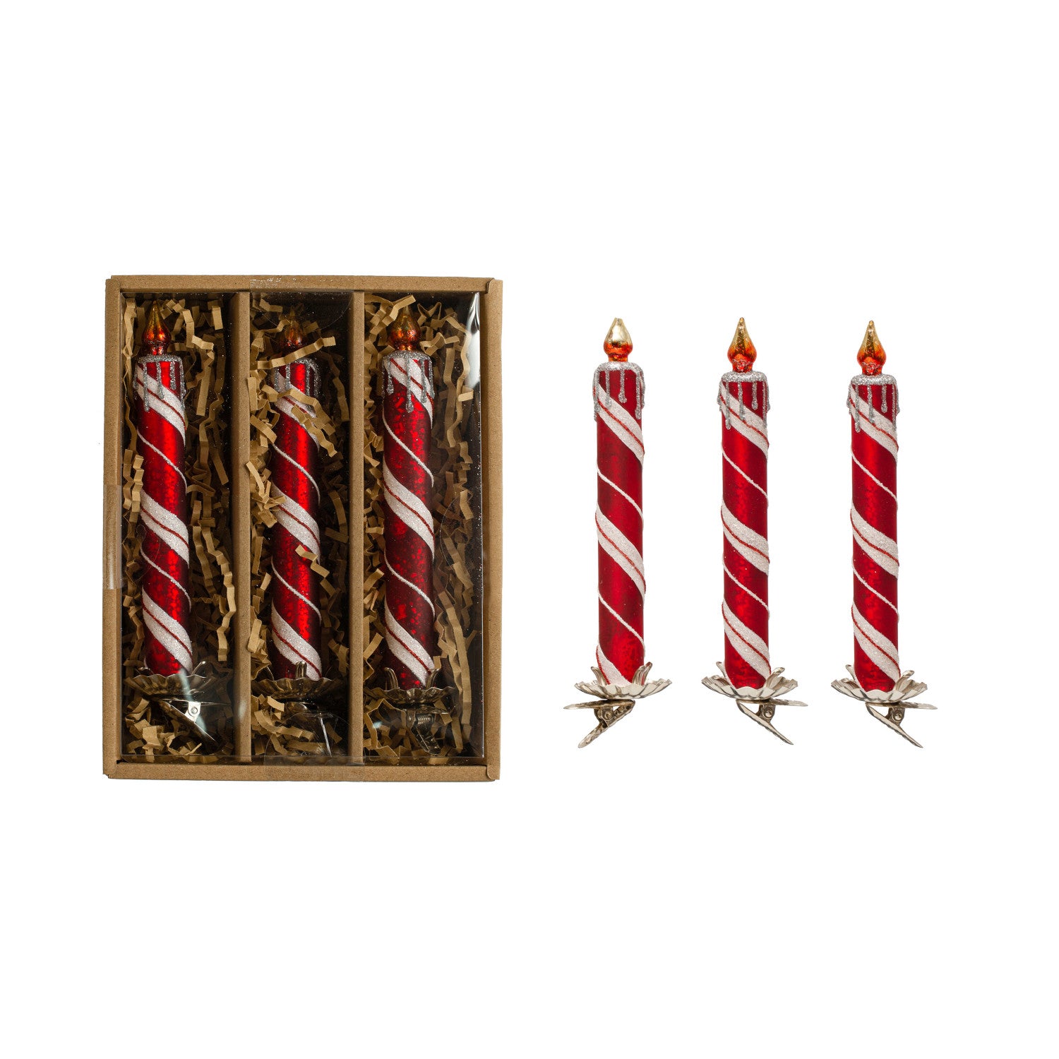 Glass Candle Clip-on Ornaments w/ Glitter, Red & White, Boxed Set of 3